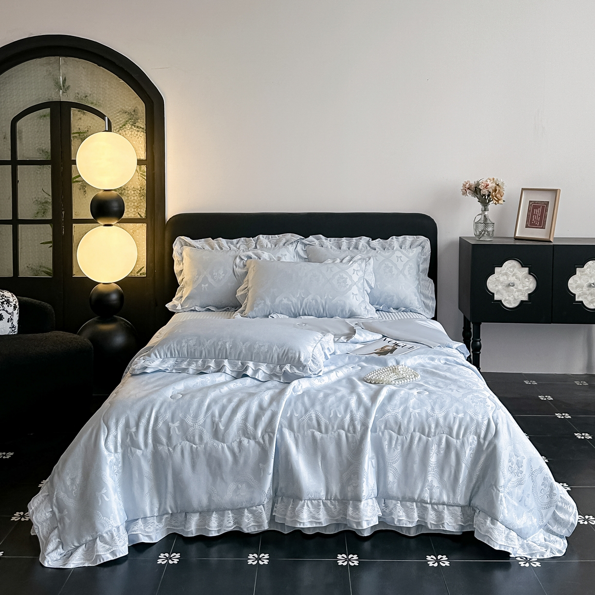 91家纺网 家纺一手货源 找家纺 富米莱（原臻工厂） 2026新款花边蕾丝款水洗真丝提花床盖床单床裙夏凉被四件套 秘密花园-蓝色