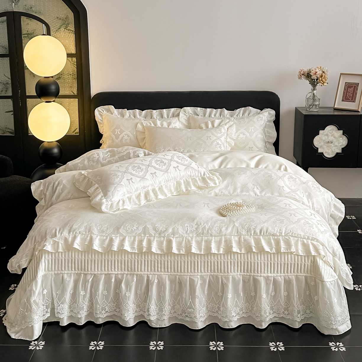 富米莱（原臻工厂） 2026新款花边蕾丝款水洗真丝提花床盖床单床裙夏凉被四件套 秘密花园-奶白