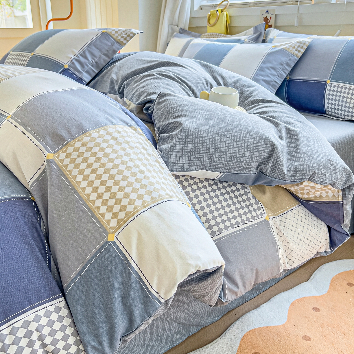 91家纺网 家纺一手货源 找家纺 琪琪阁家纺 2026新款加厚全棉纯棉四件套 蓝色垦丁