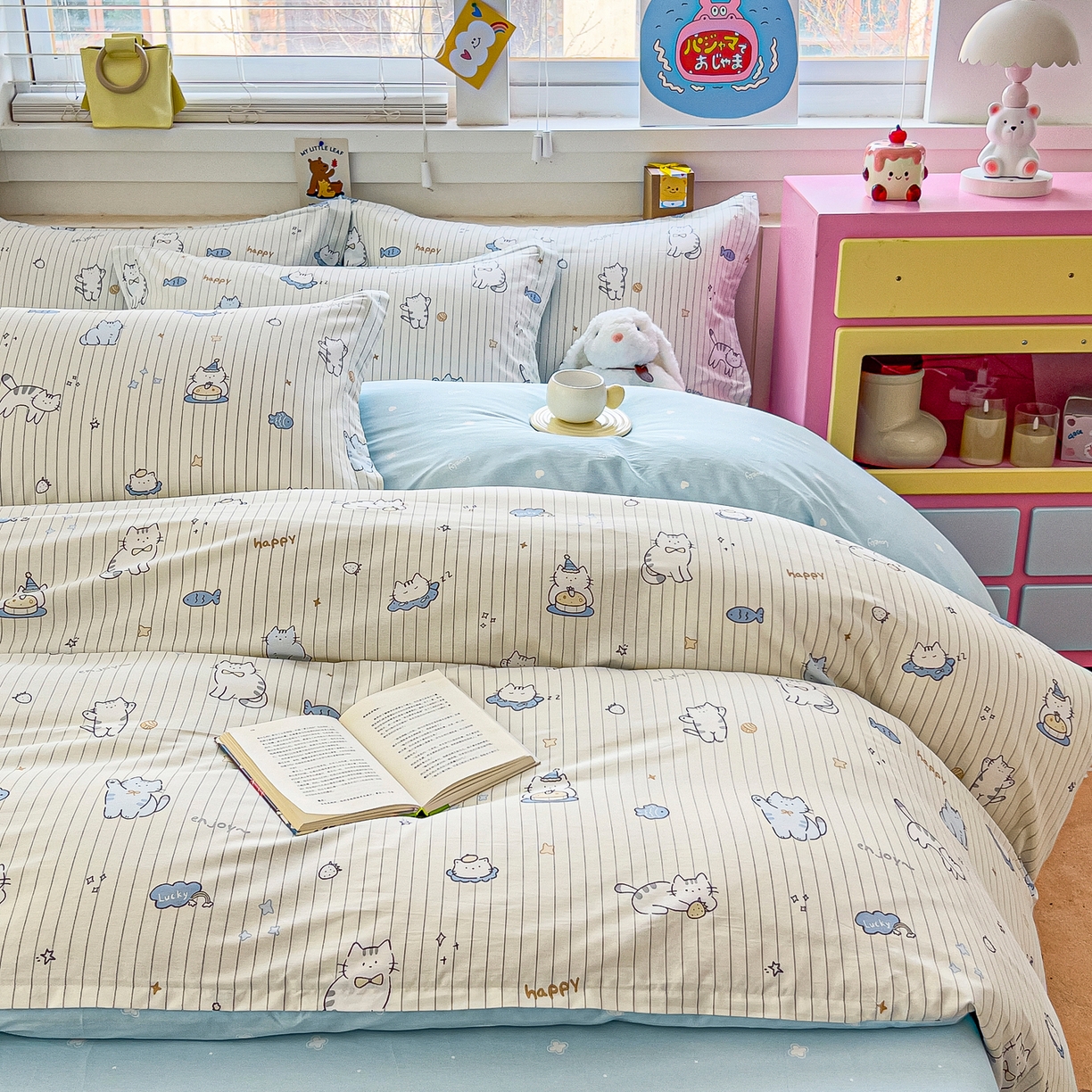 91家纺网 家纺一手货源 找家纺 琪琪阁家纺 2026新款加厚全棉纯棉四件套 蛋糕猫咪