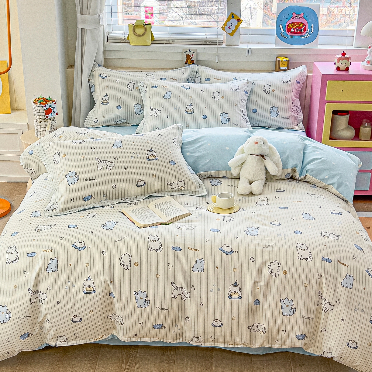 91家纺网 家纺一手货源 找家纺 琪琪阁家纺 2026新款加厚全棉纯棉四件套 蛋糕猫咪