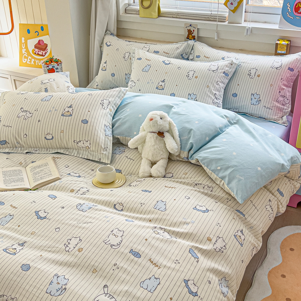 91家纺网 家纺一手货源 找家纺 琪琪阁家纺 2026新款加厚全棉纯棉四件套 蛋糕猫咪