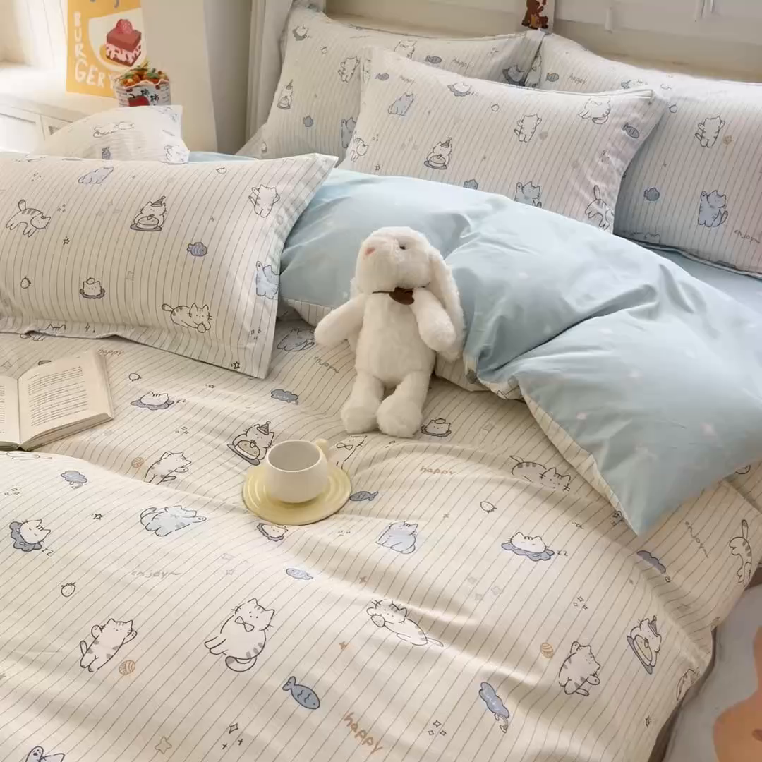 91家纺网 家纺一手货源 找家纺 琪琪阁家纺 2026新款加厚全棉纯棉四件套 蛋糕猫咪