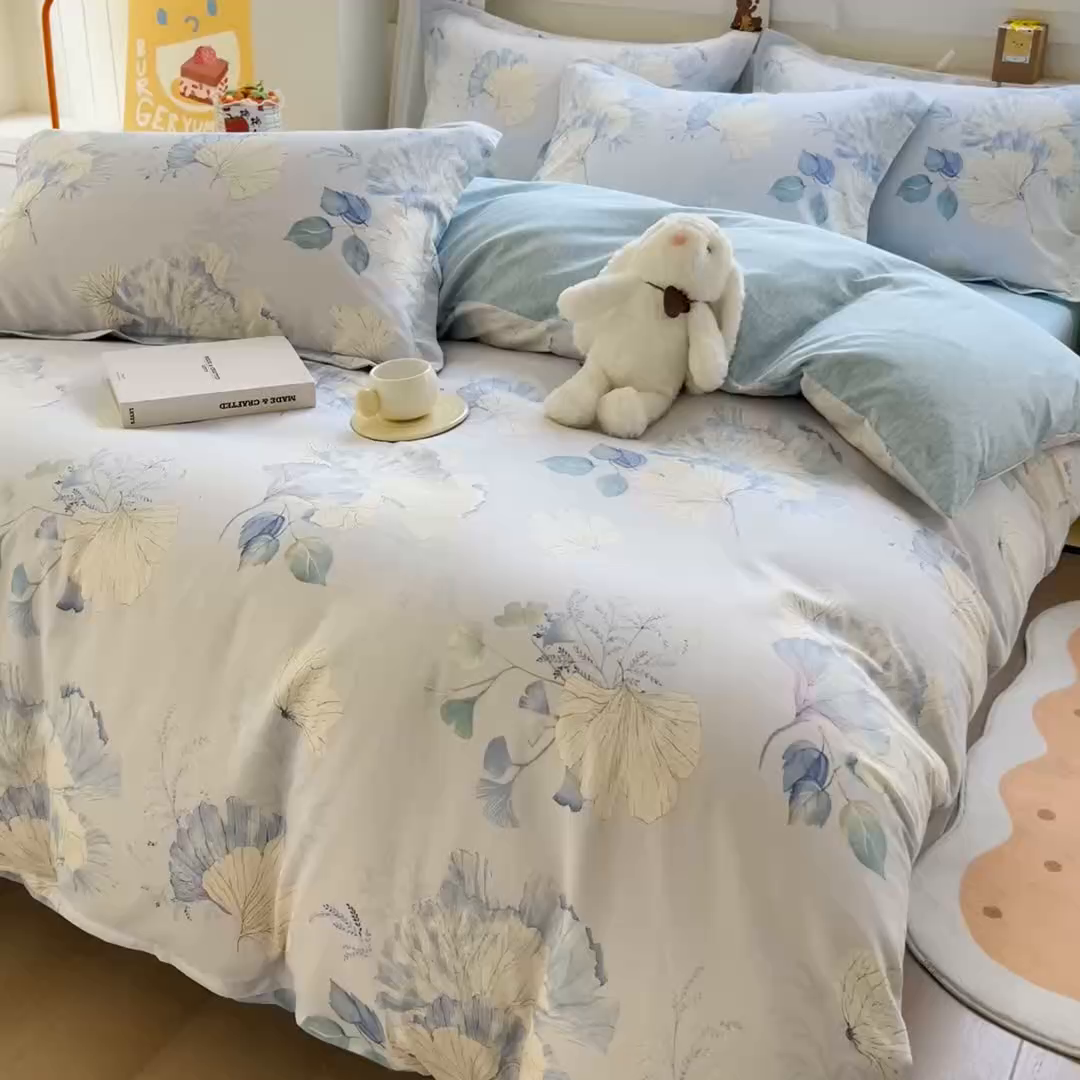 91家纺网 家纺一手货源 找家纺 琪琪阁家纺 2026新款加厚全棉纯棉四件套 银杏花语