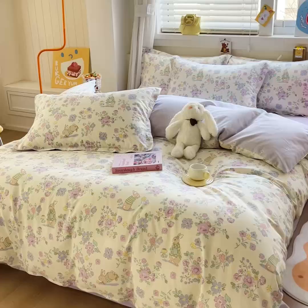 91家纺网 家纺一手货源 找家纺 琪琪阁家纺 2026新款加厚全棉纯棉四件套 醉花兔