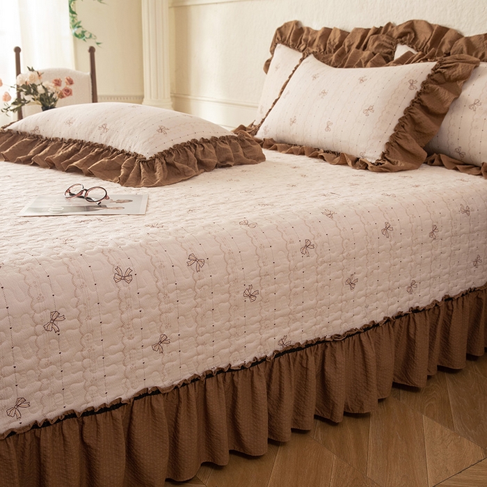 91家纺网 家纺一手货源 找家纺 （总）贝凯瑞 2026新款（美拉德）系列双层纱木棉水洗棉法式花边单件三件四件床盖