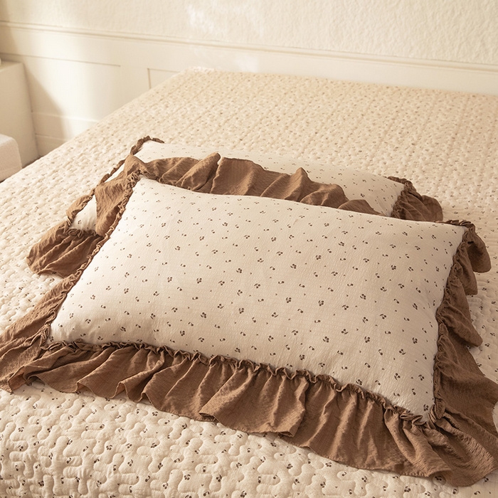 91家纺网 家纺一手货源 找家纺 贝凯瑞 2026新款（美拉德）系列双层纱木棉水洗棉法式花边单件三件四件床盖 美拉德-可可樱桃