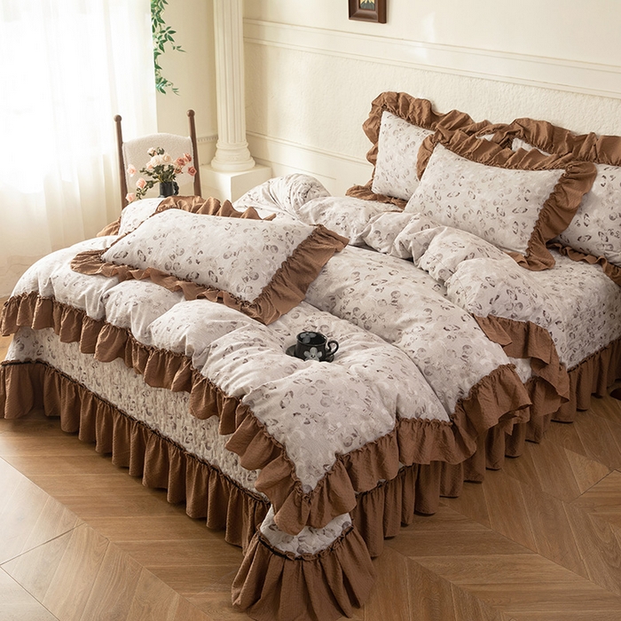 91家纺网 家纺一手货源 找家纺 贝凯瑞 2026新款（美拉德）系列双层纱木棉水洗棉法式花边单件三件四件床盖 美拉德-蜜茶