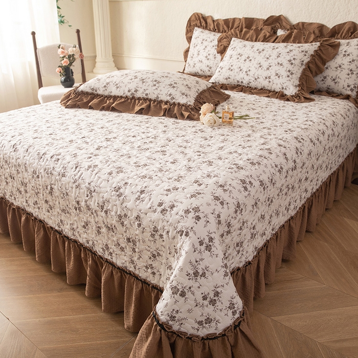 91家纺网 家纺一手货源 找家纺 贝凯瑞 2026新款（美拉德）系列双层纱木棉水洗棉法式花边单件三件四件床盖 美拉德-玫瑰园