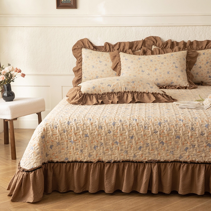 91家纺网 家纺一手货源 找家纺 贝凯瑞 2026新款（美拉德）系列双层纱木棉水洗棉法式花边单件三件四件床盖 美拉德-唐彩