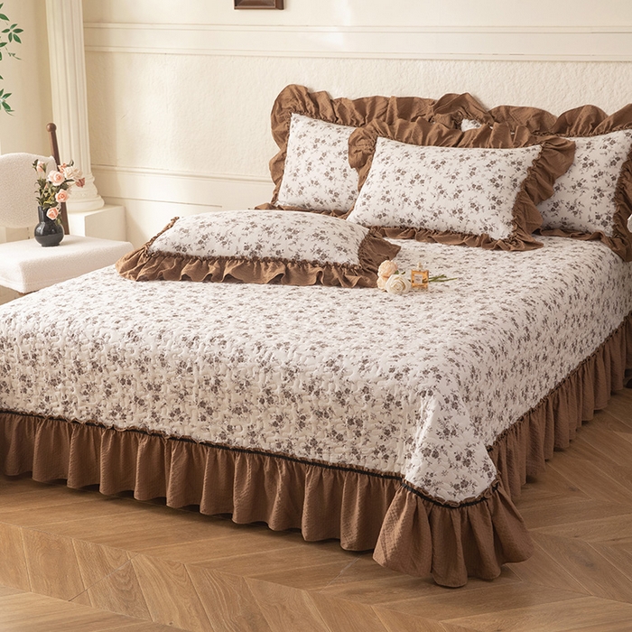 91家纺网 家纺一手货源 找家纺 贝凯瑞 2026新款（美拉德）系列双层纱木棉水洗棉法式花边单件三件四件床盖 美拉德-玫瑰园