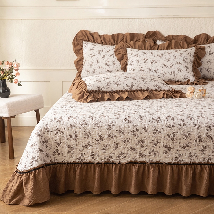 91家纺网 家纺一手货源 找家纺 贝凯瑞 2026新款（美拉德）系列双层纱木棉水洗棉法式花边单件三件四件床盖 美拉德-玫瑰园