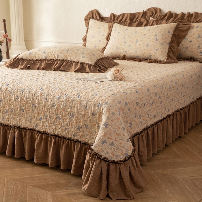 91家纺网 家纺一手货源 找家纺 贝凯瑞 2026新款（美拉德）系列双层纱木棉水洗棉法式花边单件三件四件床盖 美拉德-唐彩