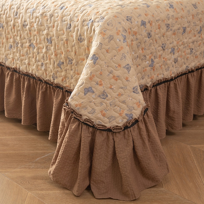 91家纺网 家纺一手货源 找家纺 贝凯瑞 2026新款（美拉德）系列双层纱木棉水洗棉法式花边单件三件四件床盖 美拉德-唐彩