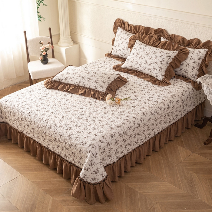 91家纺网 家纺一手货源 找家纺 贝凯瑞 2026新款（美拉德）系列双层纱木棉水洗棉法式花边单件三件四件床盖 美拉德-玫瑰园