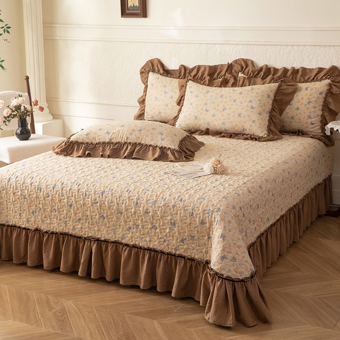 91家纺网 家纺一手货源 找家纺 贝凯瑞 2026新款（美拉德）系列双层纱木棉水洗棉法式花边单件三件四件床盖 美拉德-唐彩