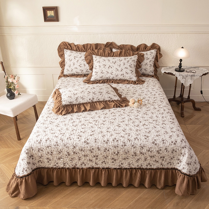 91家纺网 家纺一手货源 找家纺 贝凯瑞 2026新款（美拉德）系列双层纱木棉水洗棉法式花边单件三件四件床盖 美拉德-玫瑰园