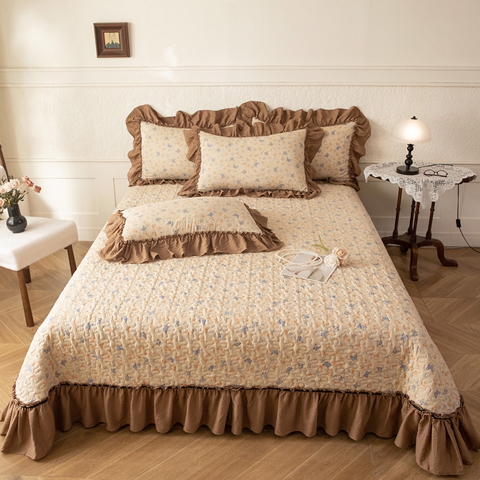 91家纺网 家纺一手货源 找家纺 贝凯瑞 2026新款（美拉德）系列双层纱木棉水洗棉法式花边单件三件四件床盖 美拉德-唐彩