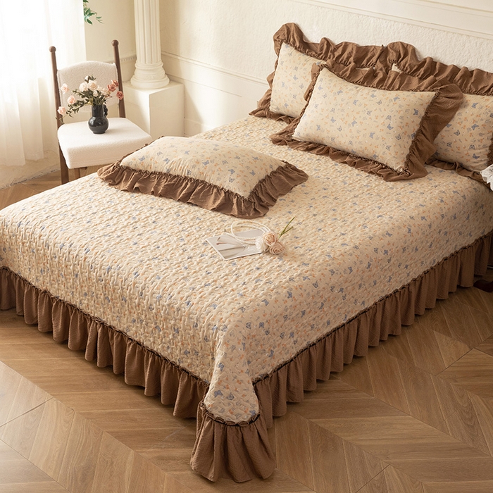 91家纺网 家纺一手货源 找家纺 贝凯瑞 2026新款（美拉德）系列双层纱木棉水洗棉法式花边单件三件四件床盖 美拉德-唐彩