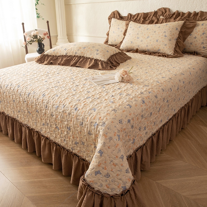 91家纺网 家纺一手货源 找家纺 贝凯瑞 2026新款（美拉德）系列双层纱木棉水洗棉法式花边单件三件四件床盖 美拉德-唐彩