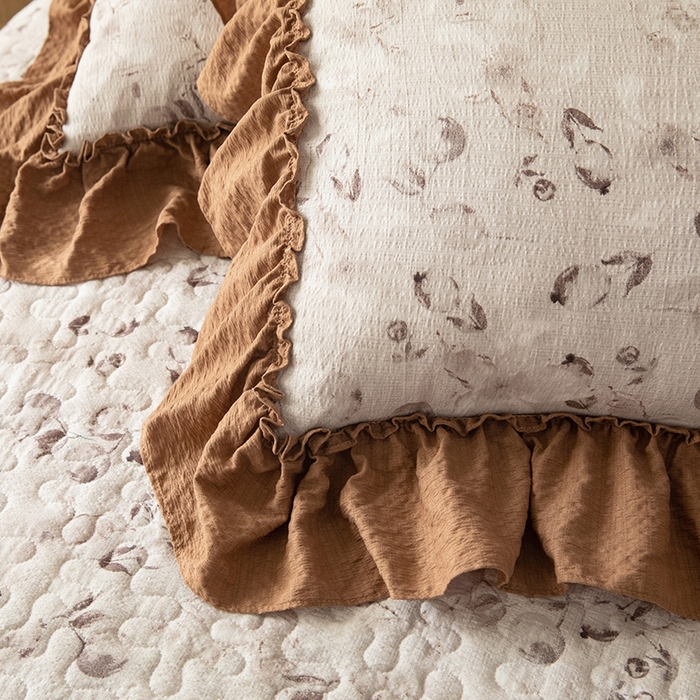 91家纺网 家纺一手货源 找家纺 贝凯瑞 2026新款（美拉德）系列双层纱木棉水洗棉法式花边单件三件四件床盖 美拉德-蜜茶