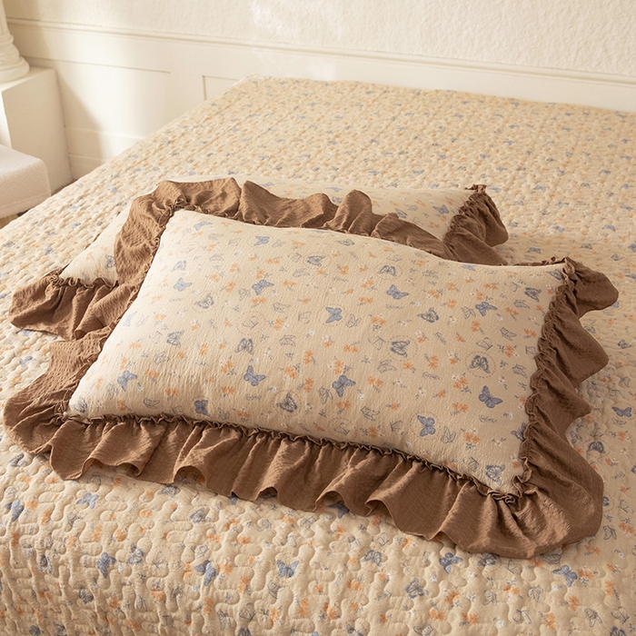 91家纺网 家纺一手货源 找家纺 贝凯瑞 2026新款（美拉德）系列双层纱木棉水洗棉法式花边单件三件四件床盖 美拉德-唐彩