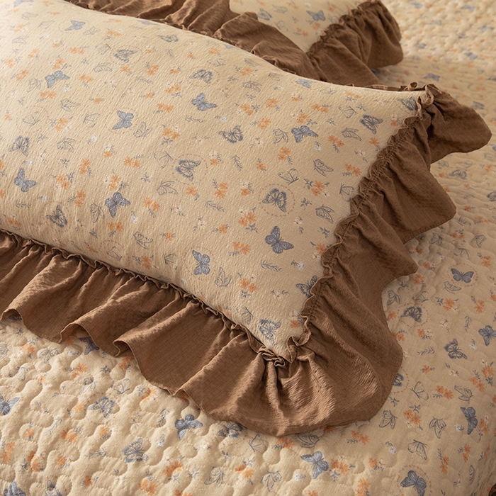 91家纺网 家纺一手货源 找家纺 贝凯瑞 2026新款（美拉德）系列双层纱木棉水洗棉法式花边单件三件四件床盖 美拉德-唐彩