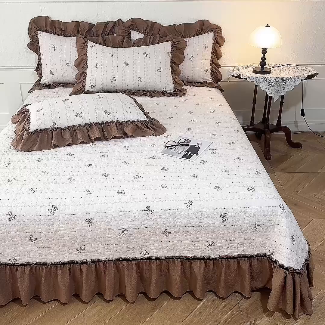 91家纺网 家纺一手货源 找家纺 （总）贝凯瑞 2026新款（美拉德）系列双层纱木棉水洗棉法式花边单件三件四件床盖