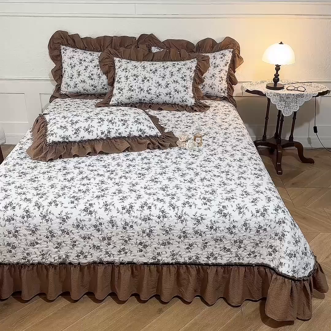 91家纺网 家纺一手货源 找家纺 贝凯瑞 2026新款（美拉德）系列双层纱木棉水洗棉法式花边单件三件四件床盖 美拉德-玫瑰园