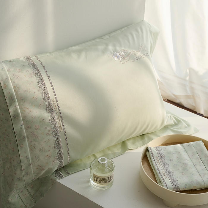 91家纺网 家纺一手货源 找家纺 诗黛尔 2026春夏新品云朵棉印花刺绣美洛蒂系列四件套 美洛蒂-香草绿