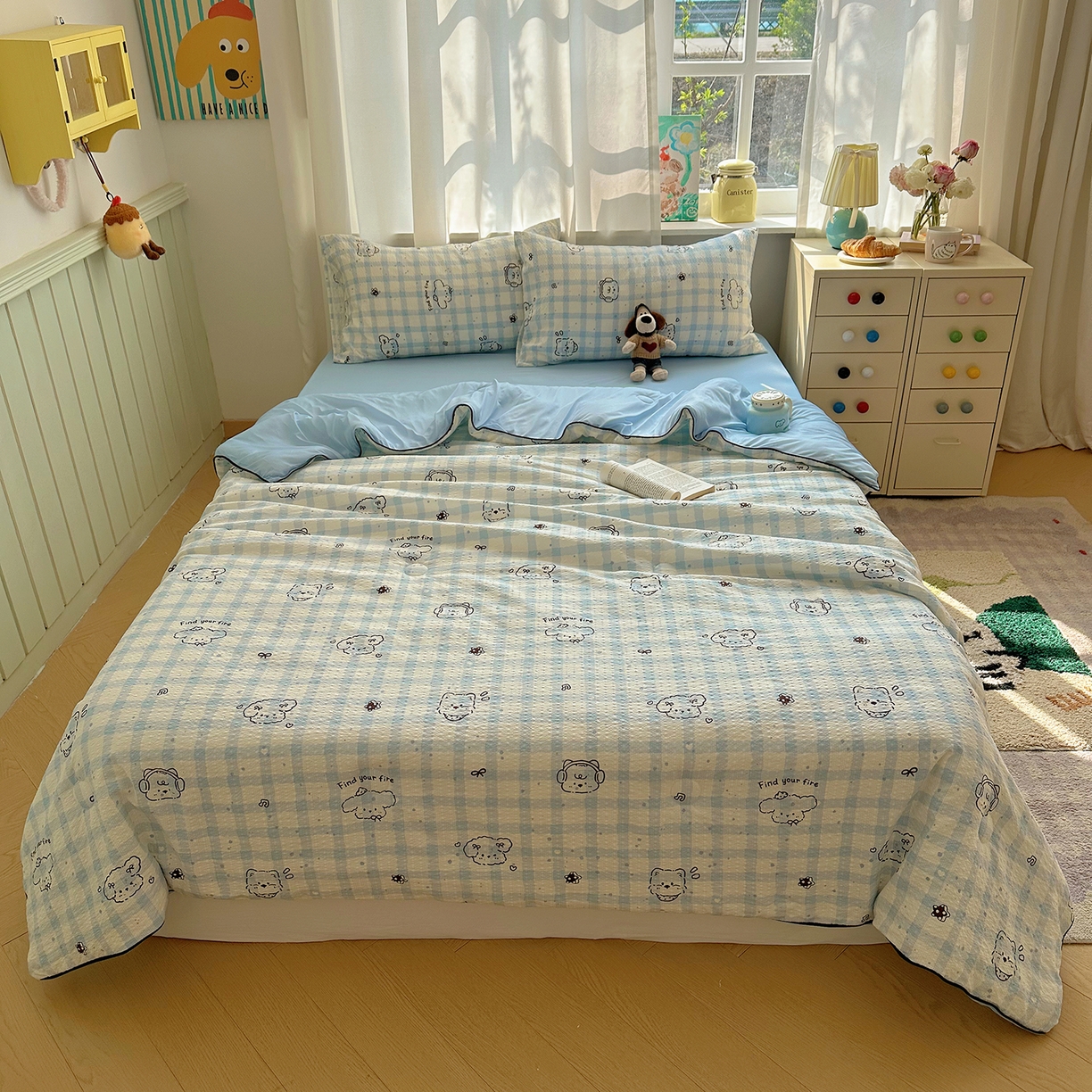 91家纺网 家纺一手货源 找家纺 贝扬思家纺 2026新款泡芙纱单夏被凉糖系列（凉而不冰的触感，清凉与柔软兼得） 凉糖-机智蓝狗