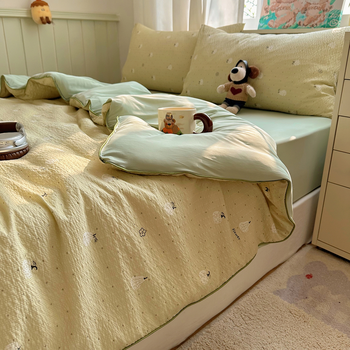 91家纺网 家纺一手货源 找家纺 贝扬思家纺 2026新款泡芙纱单夏被凉糖系列（凉而不冰的触感，清凉与柔软兼得） 凉糖-抹茶南瓜