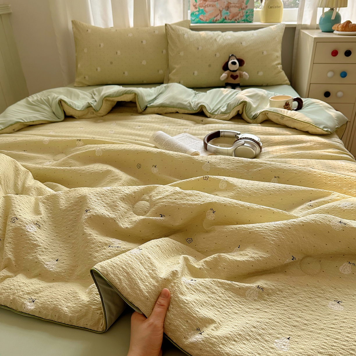 91家纺网 家纺一手货源 找家纺 贝扬思家纺 2026新款泡芙纱单夏被凉糖系列（凉而不冰的触感，清凉与柔软兼得） 凉糖-抹茶南瓜