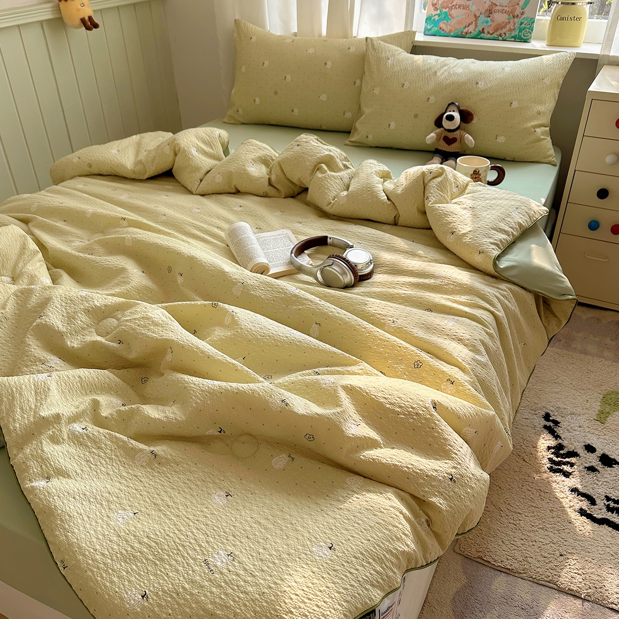 91家纺网 家纺一手货源 找家纺 贝扬思家纺 2026新款泡芙纱单夏被凉糖系列（凉而不冰的触感，清凉与柔软兼得） 凉糖-抹茶南瓜