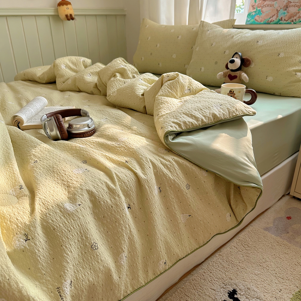 91家纺网 家纺一手货源 找家纺 贝扬思家纺 2026新款泡芙纱单夏被凉糖系列（凉而不冰的触感，清凉与柔软兼得） 凉糖-抹茶南瓜