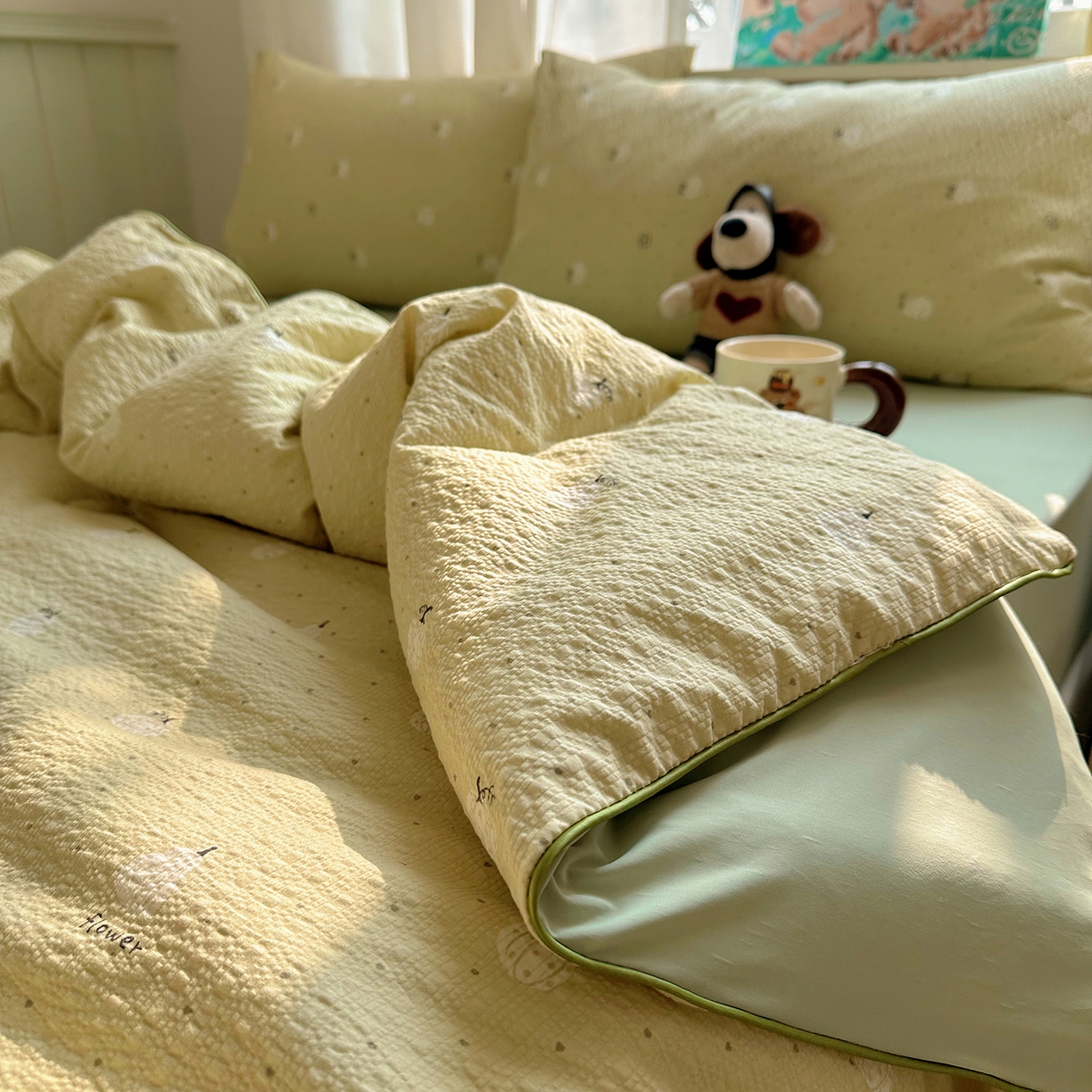 91家纺网 家纺一手货源 找家纺 贝扬思家纺 2026新款泡芙纱单夏被凉糖系列（凉而不冰的触感，清凉与柔软兼得） 凉糖-抹茶南瓜