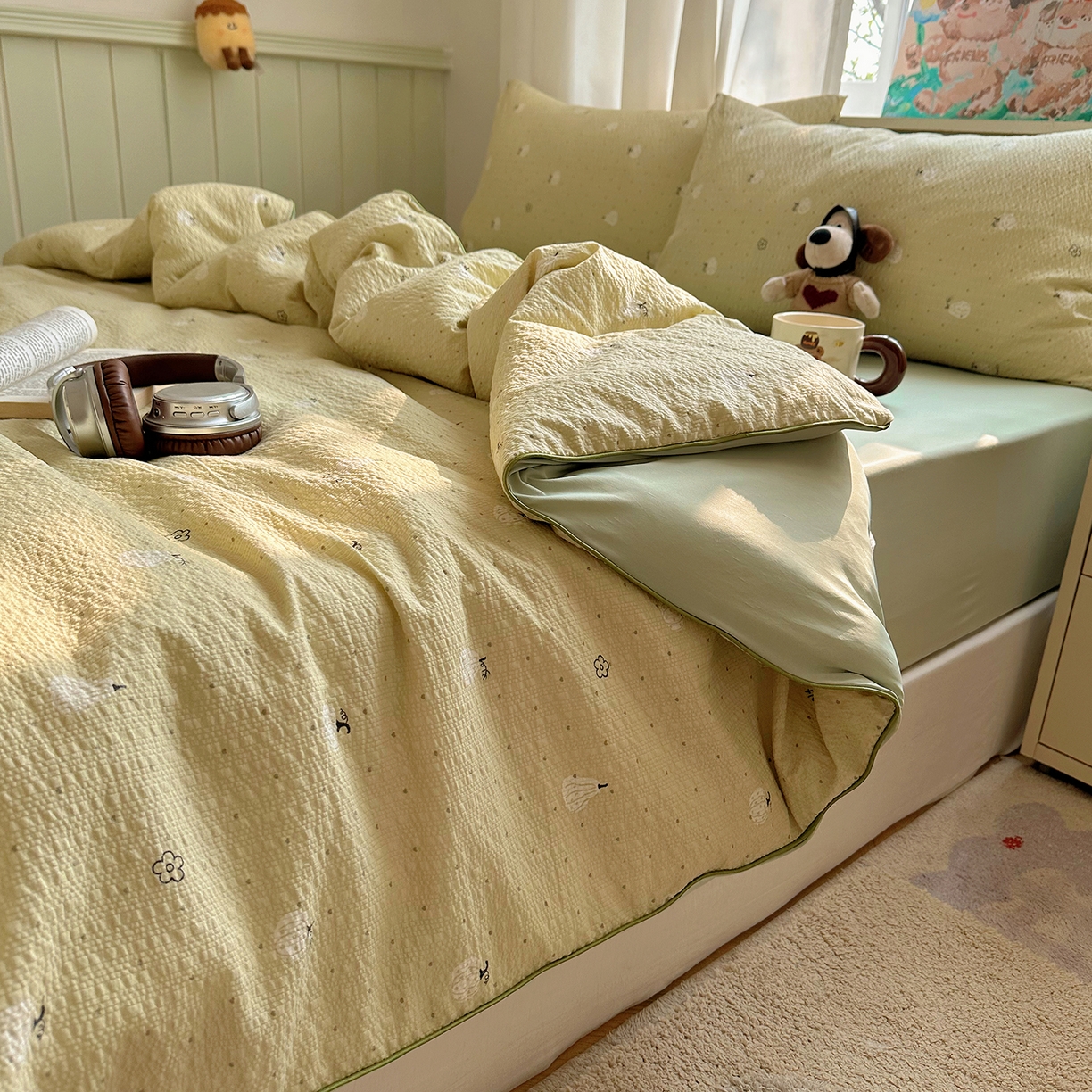 91家纺网 家纺一手货源 找家纺 贝扬思家纺 2026新款泡芙纱单夏被凉糖系列（凉而不冰的触感，清凉与柔软兼得） 凉糖-抹茶南瓜