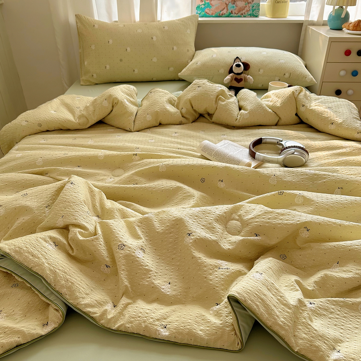 91家纺网 家纺一手货源 找家纺 贝扬思家纺 2026新款泡芙纱单夏被凉糖系列（凉而不冰的触感，清凉与柔软兼得） 凉糖-抹茶南瓜