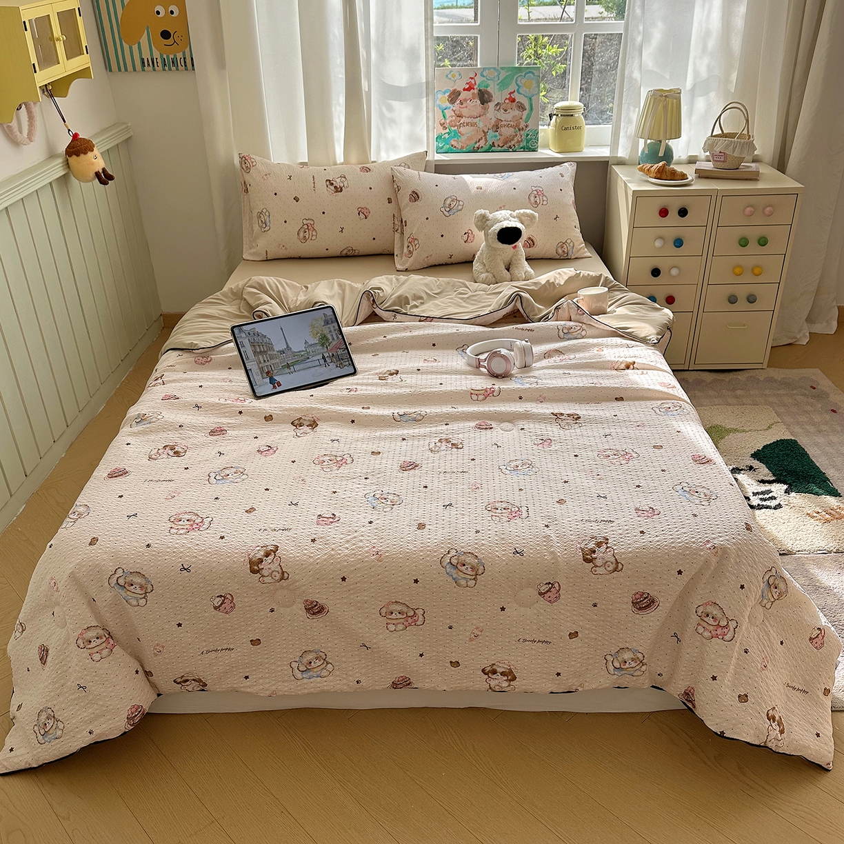 91家纺网 家纺一手货源 找家纺 贝扬思家纺 2026新款泡芙纱单夏被凉糖系列（凉而不冰的触感，清凉与柔软兼得） 凉糖-甜品萌狗