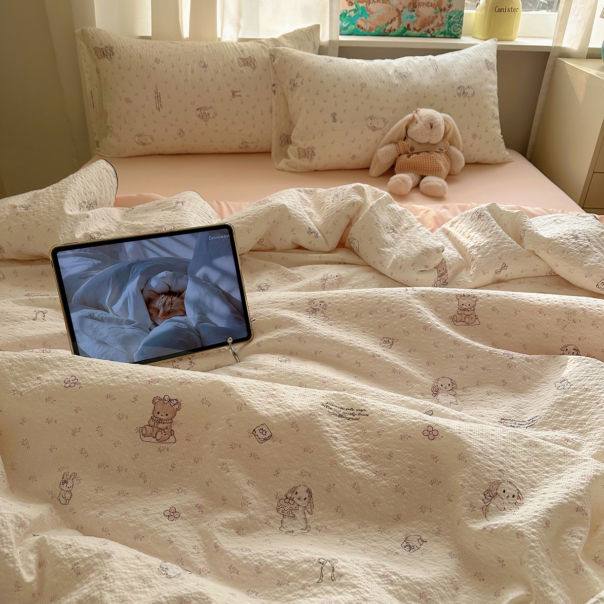 91家纺网 家纺一手货源 找家纺 贝扬思家纺 2026新款泡芙纱单夏被凉糖系列（凉而不冰的触感，清凉与柔软兼得） 凉糖-悦悦小兔