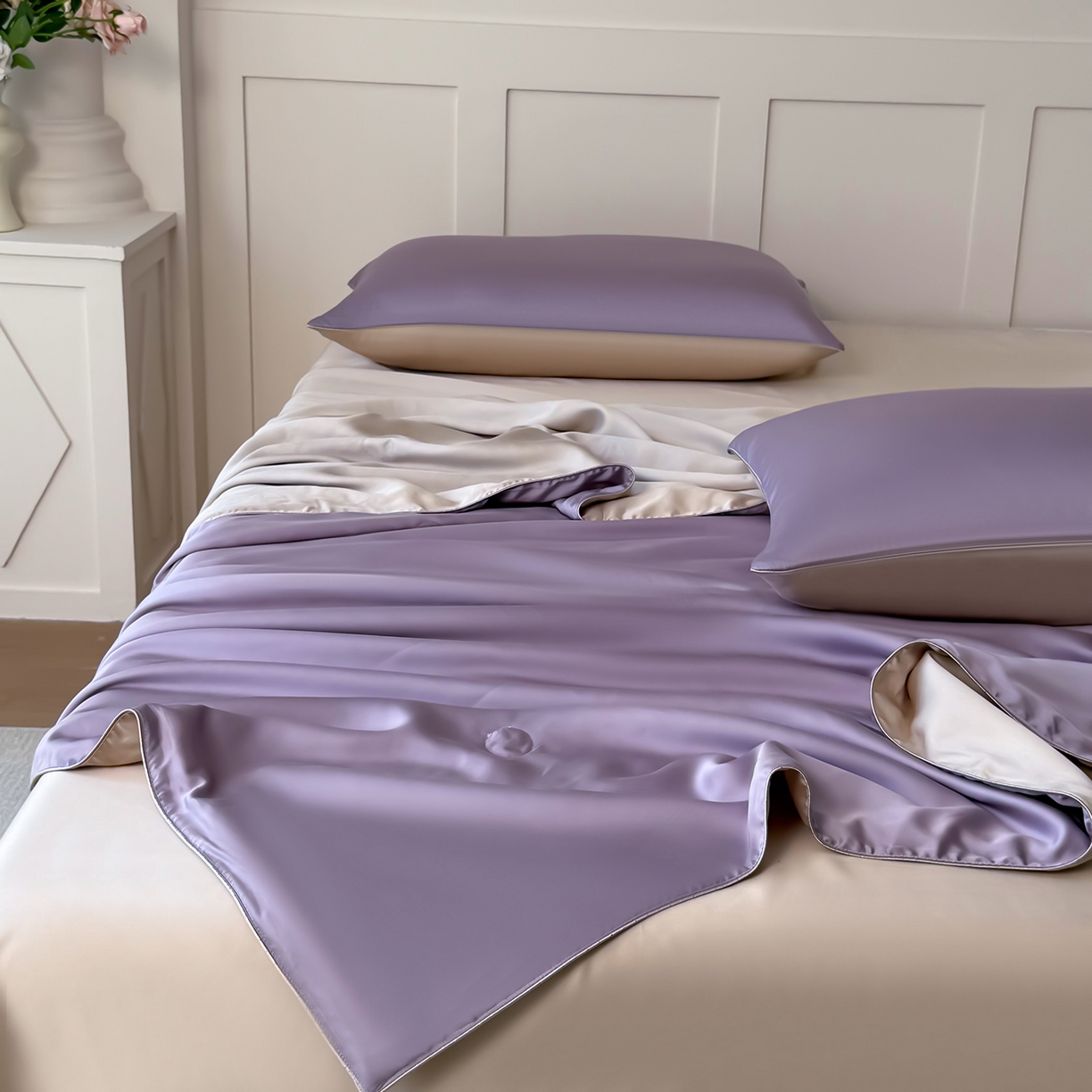 91家纺网 家纺一手货源 找家纺 鑫田家纺 2026新款60支兰精天丝蚕丝被夏凉被100%纯蚕丝夏被四件套床单床笠学生三件套 魅紫