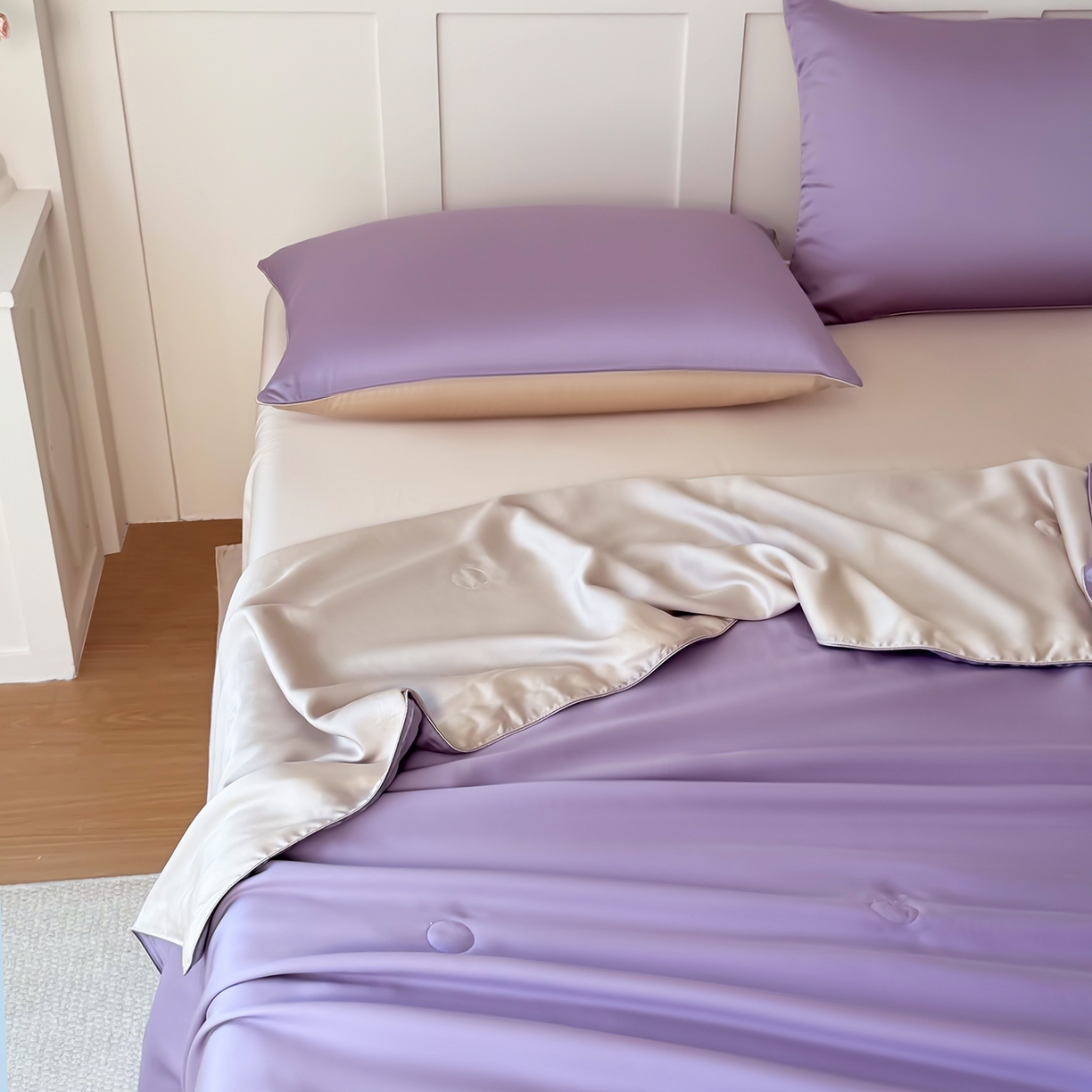 91家纺网 家纺一手货源 找家纺 鑫田家纺 2026新款60支兰精天丝蚕丝被夏凉被100%纯蚕丝夏被四件套床单床笠学生三件套 魅紫