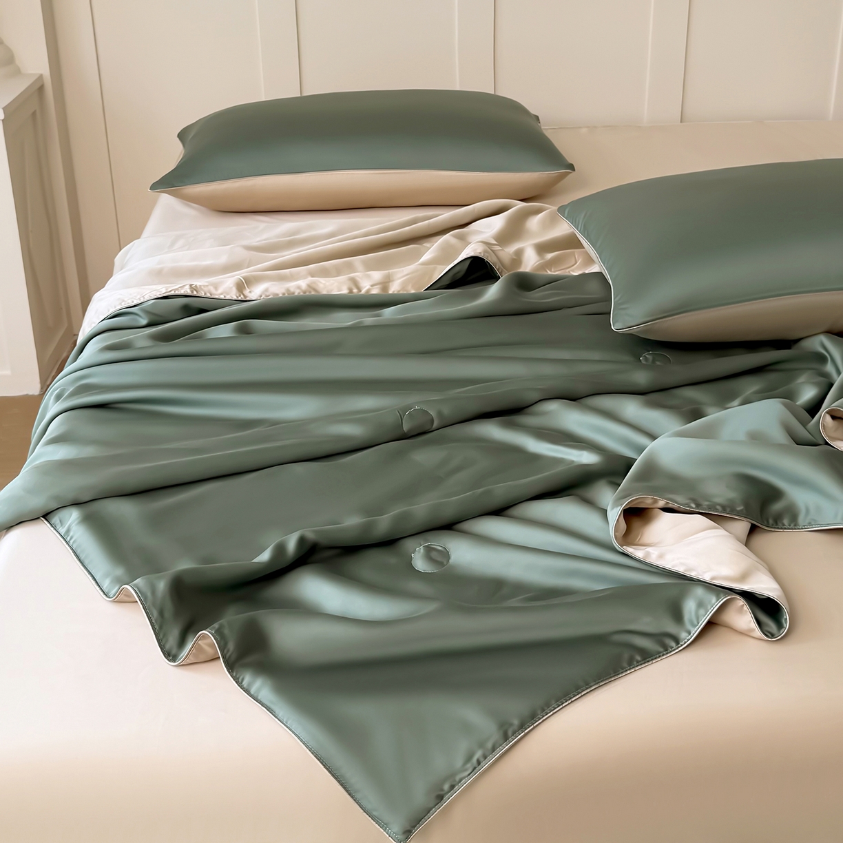 91家纺网 家纺一手货源 找家纺 鑫田家纺 2026新款60支兰精天丝蚕丝被夏凉被100%纯蚕丝夏被四件套床单床笠学生三件套 海藻绿