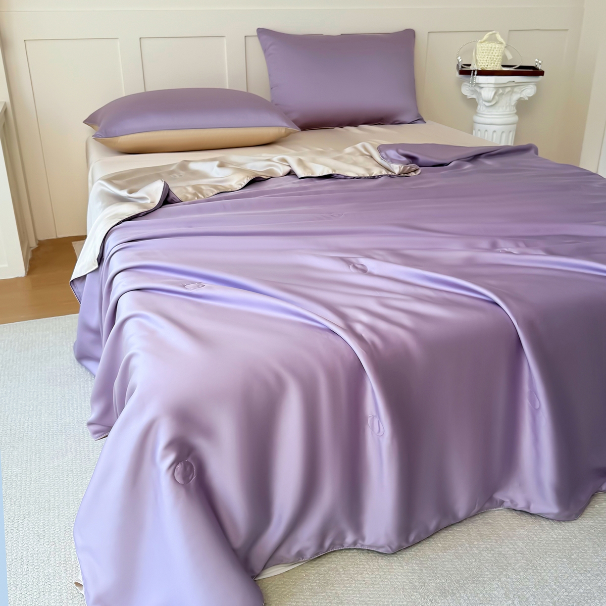 91家纺网 家纺一手货源 找家纺 鑫田家纺 2026新款60支兰精天丝蚕丝被夏凉被100%纯蚕丝夏被四件套床单床笠学生三件套 魅紫