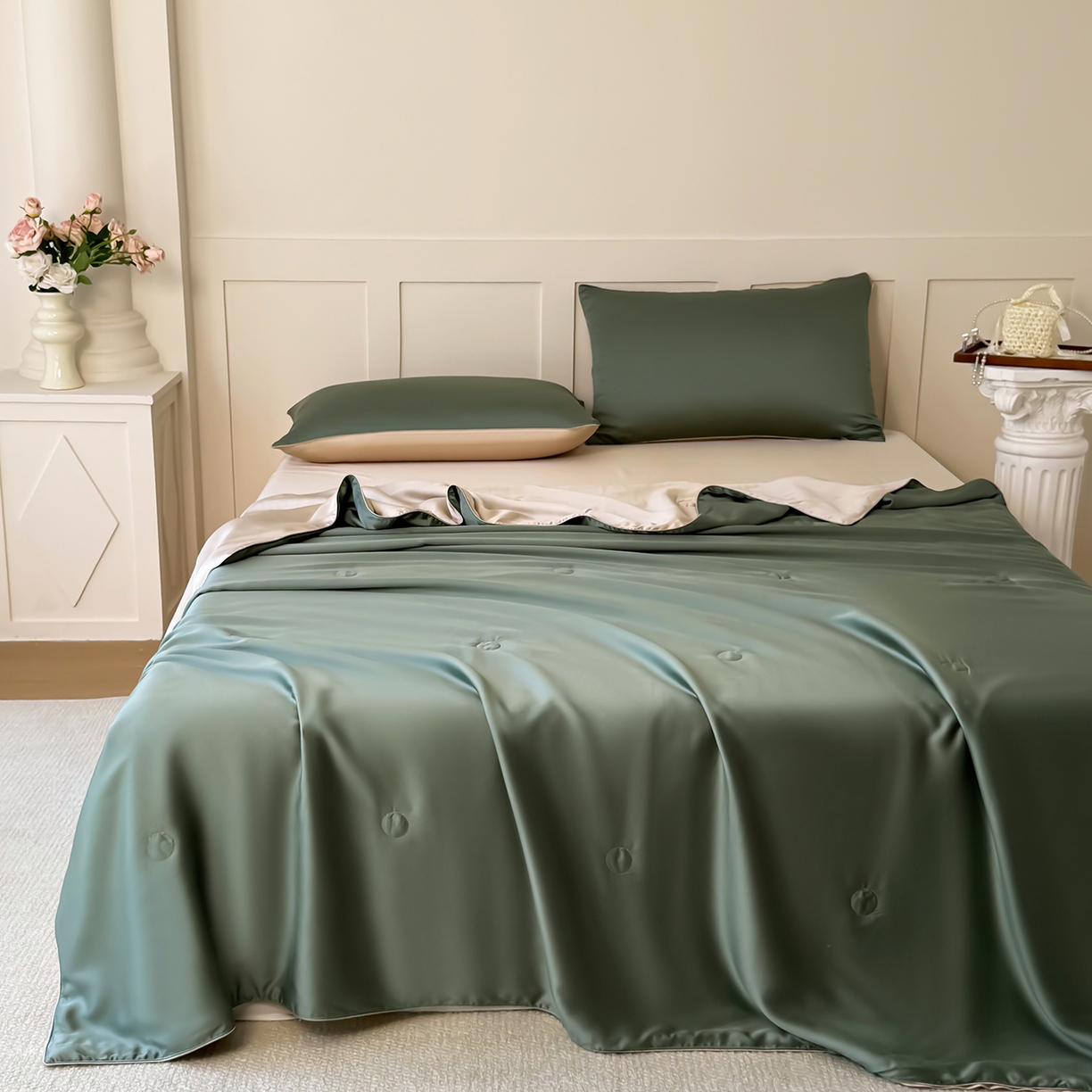 鑫田家纺 2026新款60支兰精天丝蚕丝被夏凉被100%纯蚕丝夏被四件套床单床笠学生三件套 海藻绿