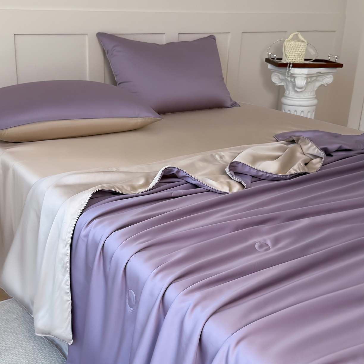 91家纺网 家纺一手货源 找家纺 鑫田家纺 2026新款60支兰精天丝蚕丝被夏凉被100%纯蚕丝夏被四件套床单床笠学生三件套 魅紫