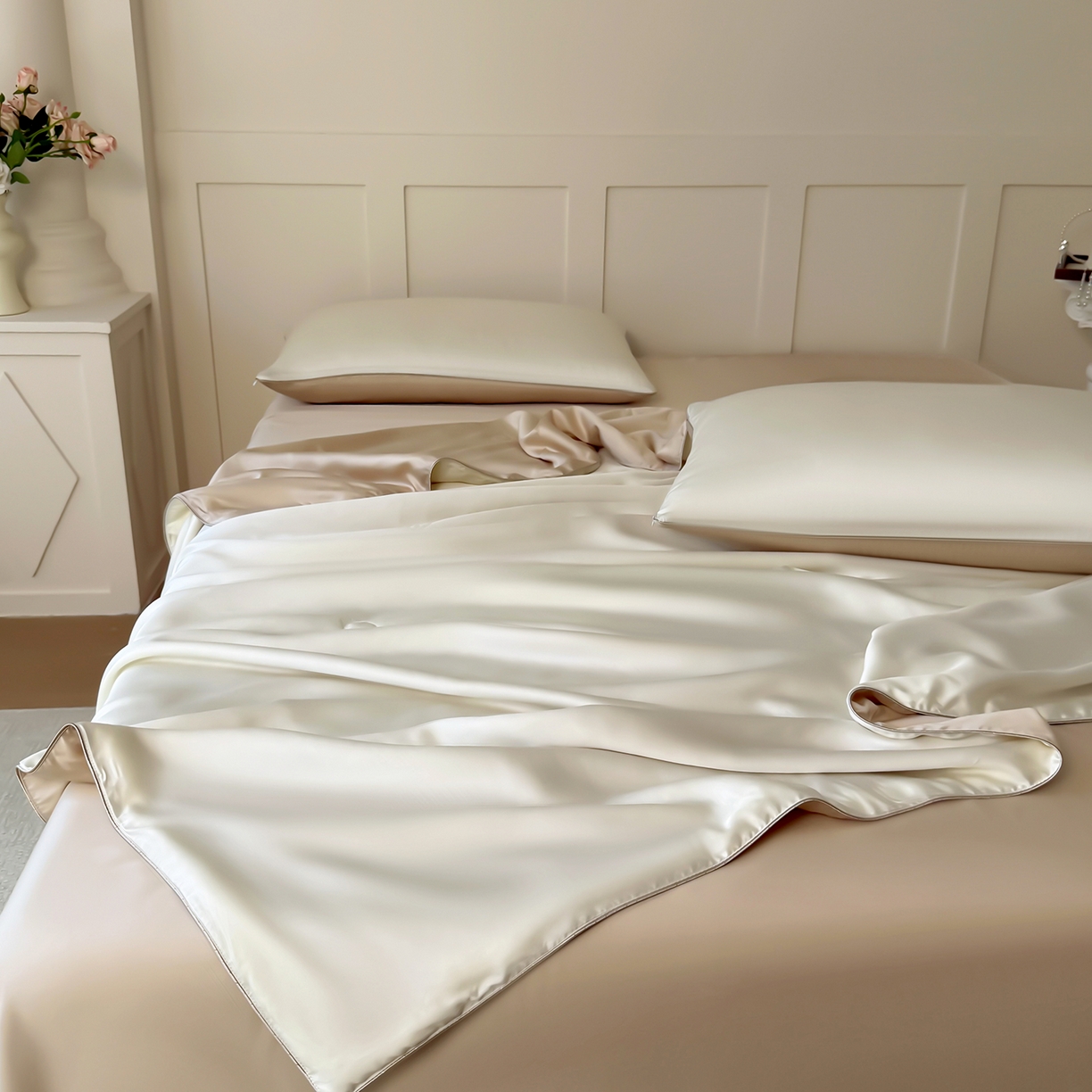 91家纺网 家纺一手货源 找家纺 鑫田家纺 2026新款60支兰精天丝蚕丝被夏凉被100%纯蚕丝夏被四件套床单床笠学生三件套 钻石白