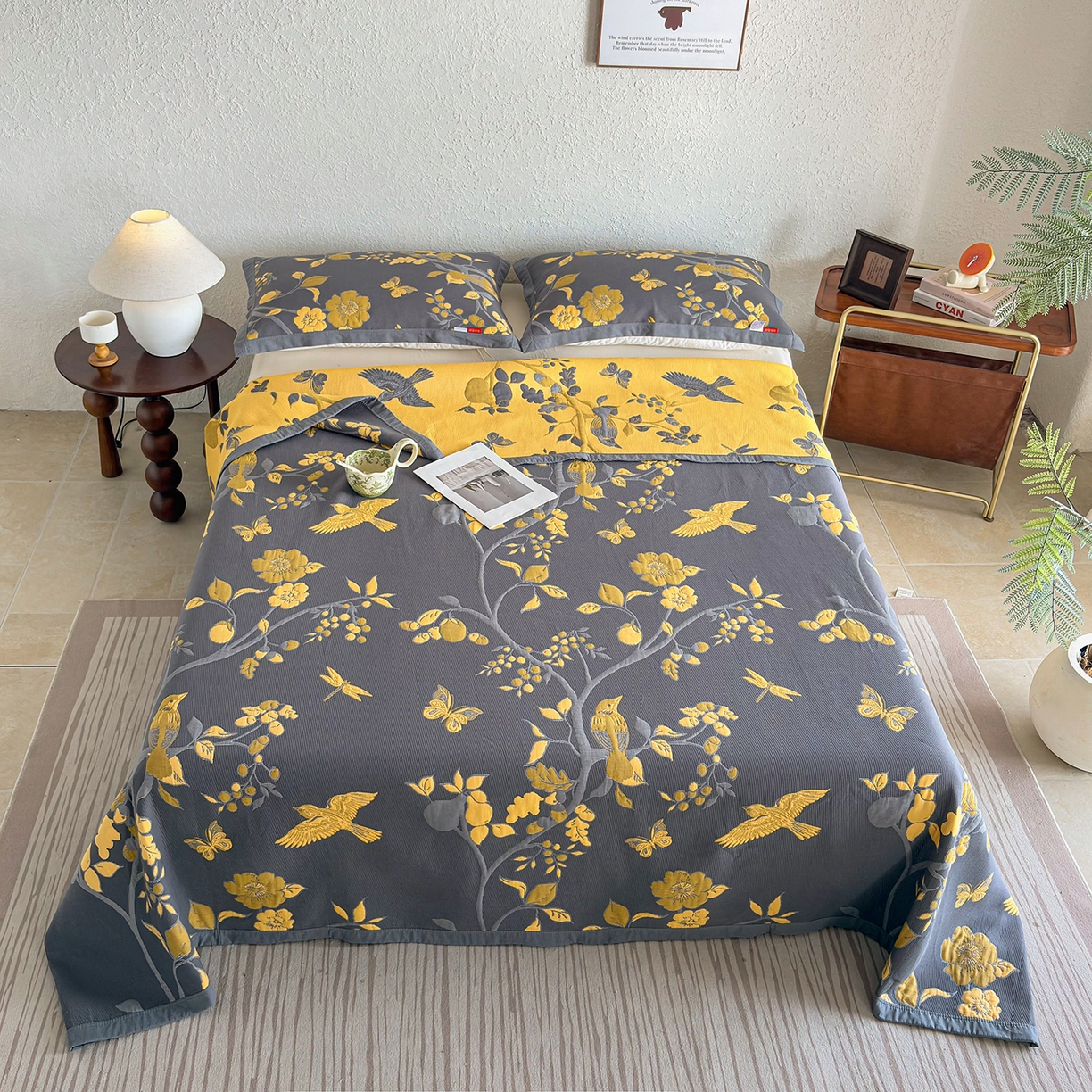 91家纺网 家纺一手货源 找家纺 棠薇家纺 2026新款纱布盖毯长绒棉纱布毛巾被夏被单双人棉纱盖毯毛巾毯夏季夏凉被空调被毯子可铺可盖床盖 喜上枝头