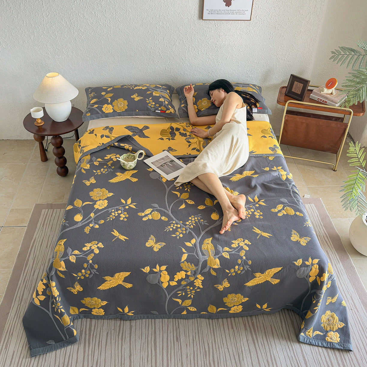 91家纺网 家纺一手货源 找家纺 棠薇家纺 2026新款纱布盖毯长绒棉纱布毛巾被夏被单双人棉纱盖毯毛巾毯夏季夏凉被空调被毯子可铺可盖床盖 喜上枝头