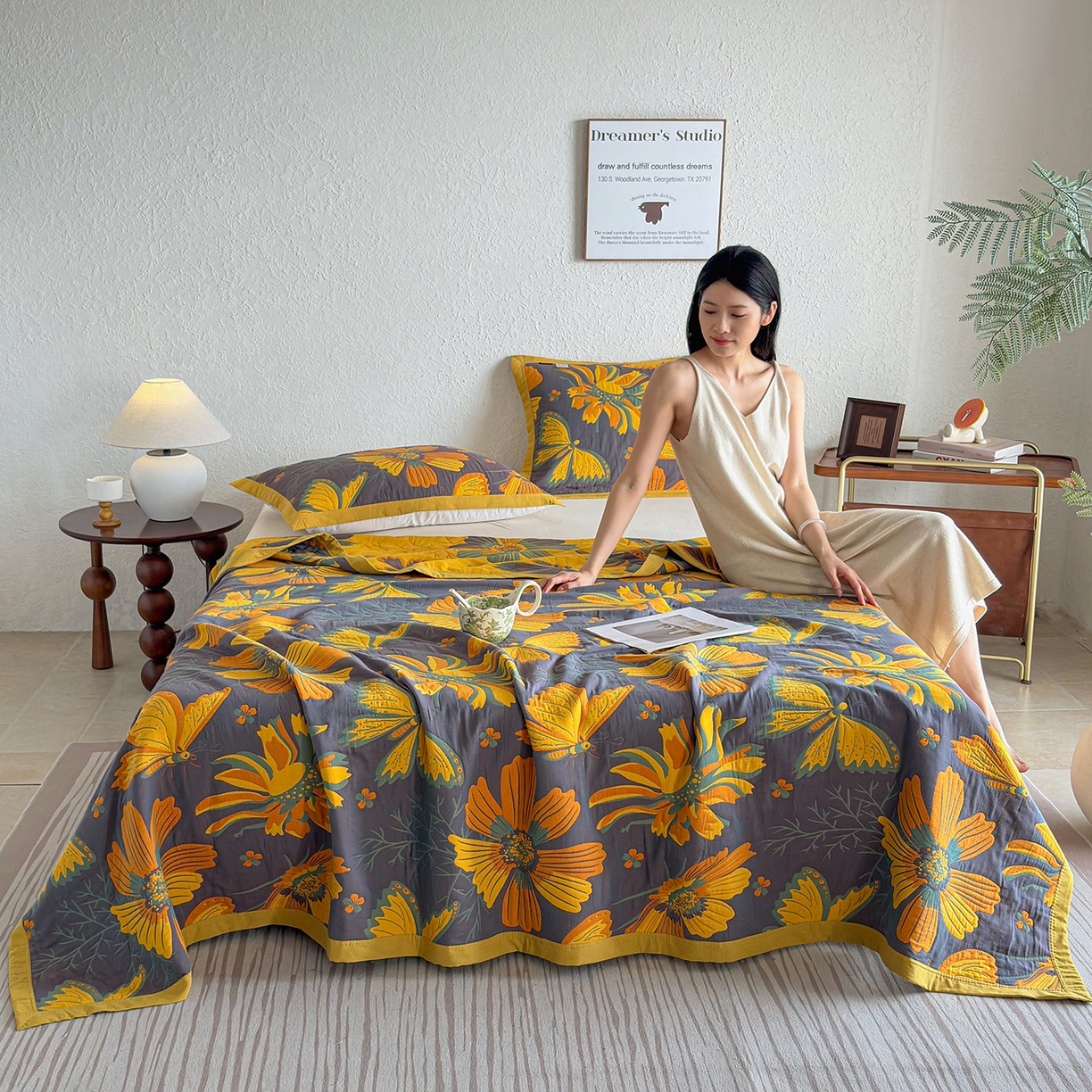 91家纺网 家纺一手货源 找家纺 棠薇家纺 2026新款纱布盖毯长绒棉纱布毛巾被夏被单双人棉纱盖毯毛巾毯夏季夏凉被空调被毯子可铺可盖床盖 花样蝶舞紫